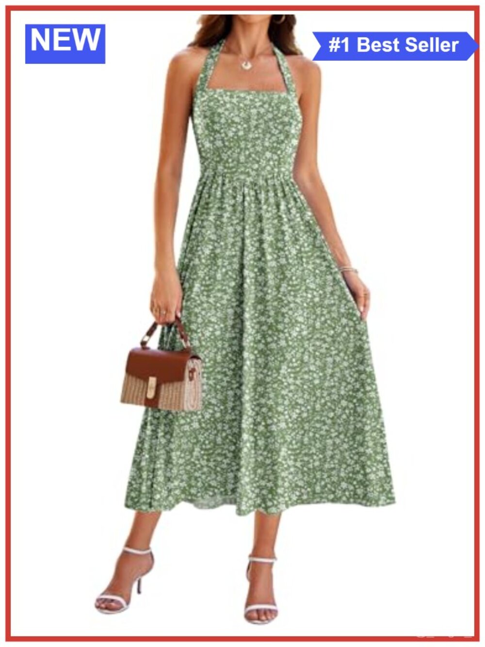 Women's Summer Halter Midi Dress With Pockets Sleeveless Drop Waist A-Line